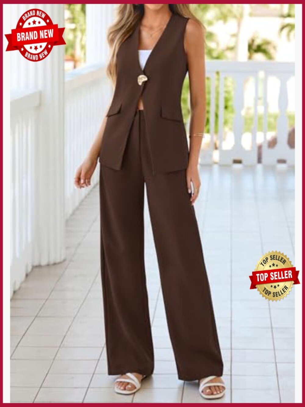 Dressy 2 Piece Pantsuit Set Sleeveless Blazer Vest Wide Leg Pants Business - Picture 3 of 7
